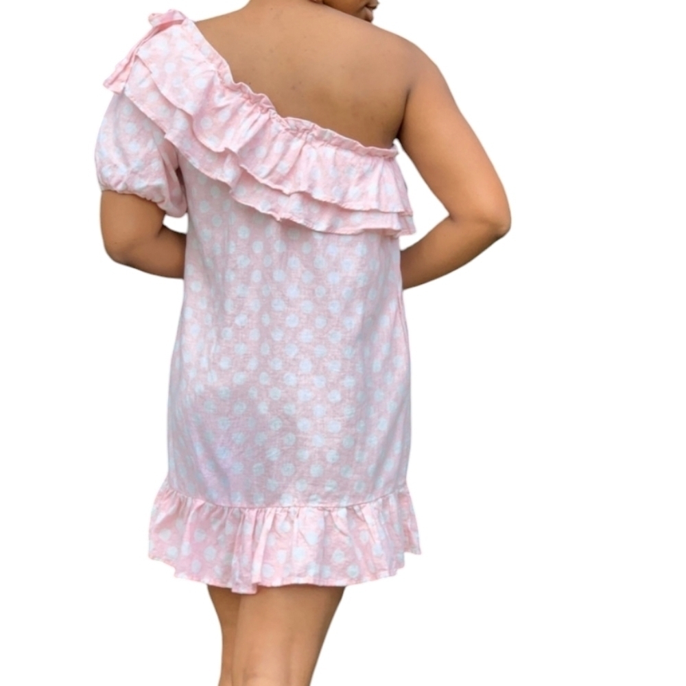 Lisa Marie Fernandez Targer linen pink white polka dot one shoulder dress sz med - Picture 2 of 6